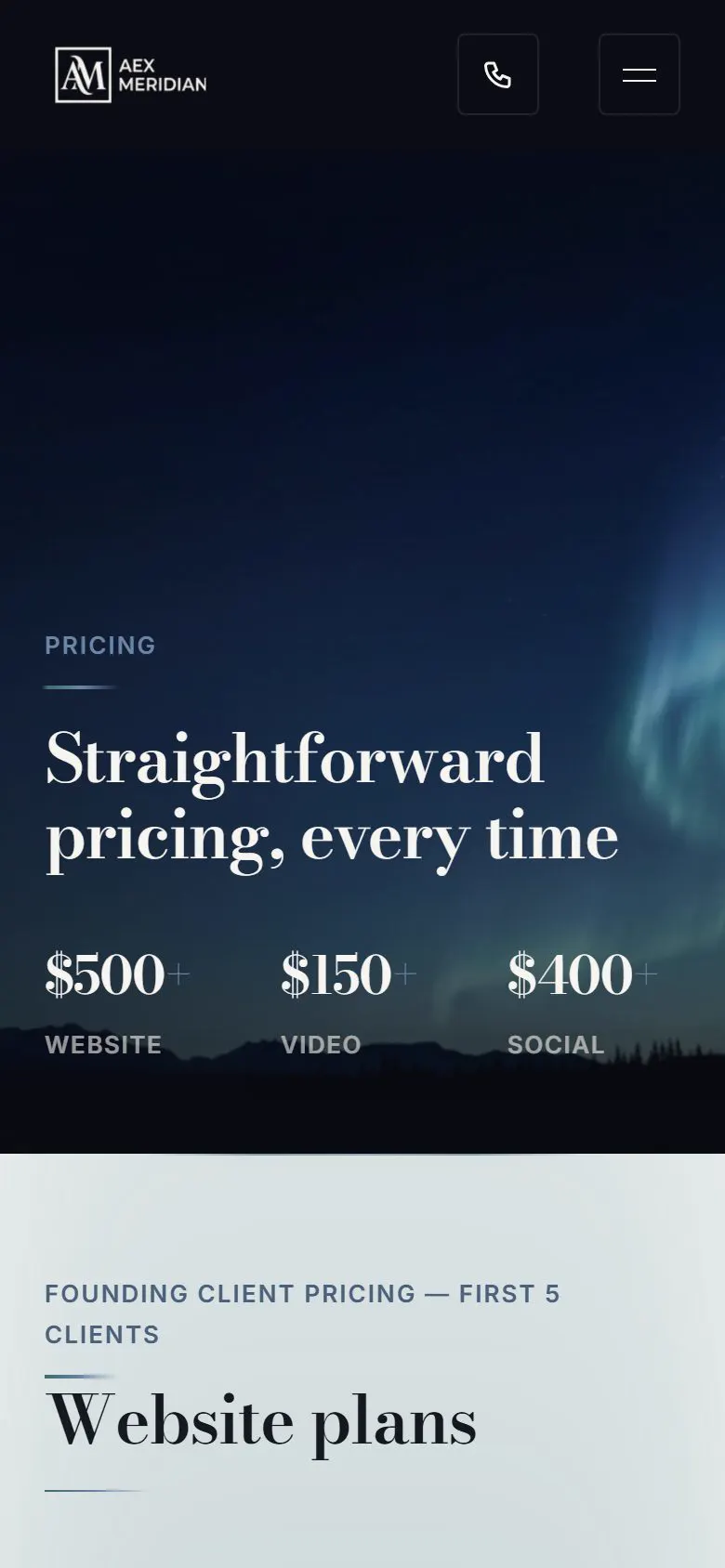 The Aex Meridian pricing page shown on a phone screen